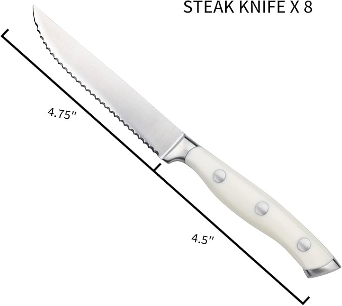 Alata 8-Piece White Steak Knives Set, Stainless Steel Steak Knife set with Serrated Edge, Razor-Sharp, Full-Tang Construction, Dishwasher Safe
