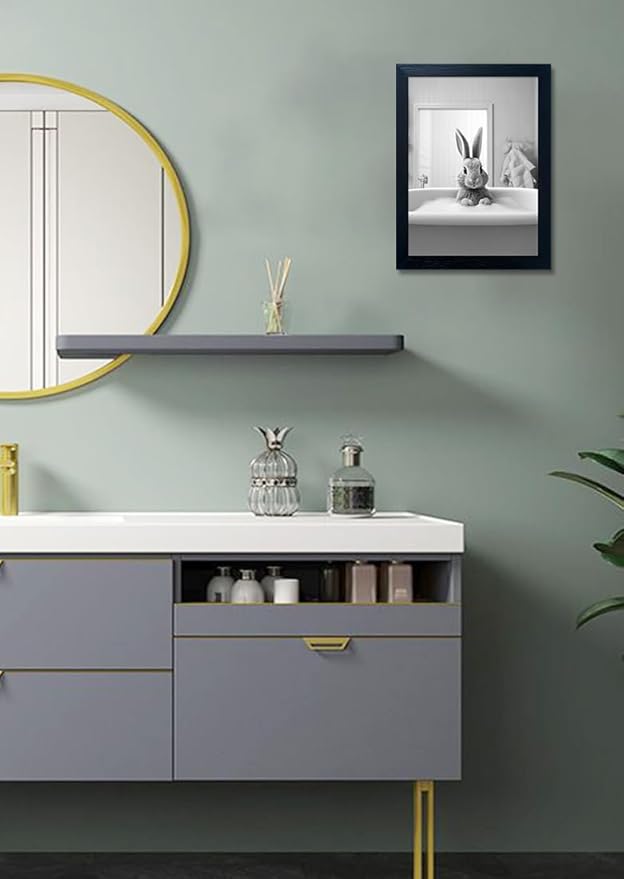 Kids Bathroom Wall Art Black and White Cute Animal Canvas Print Painting Funny Rabbit in Bathtub Bathroom Picture Wall Decor