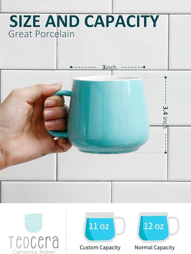 Teocera Ceramic Coffee Mug Set of 4-12 oz Coffee Mugs with Large Handles for Hot or Cold Drinks Like Latte, Cocoa, Tea or Juice - Smooth Ceramic, Dishwasher Safe, Turquoise