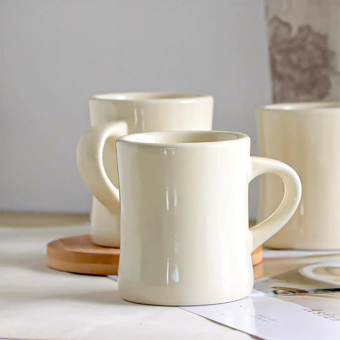 harebe Retro Coffee Cup Set of 4, 10 OZ Heavy Classic Ceramic Diner Mugs Set with Handle for Coffee, Tea, Cocoa, Milk, Latte（Cream）