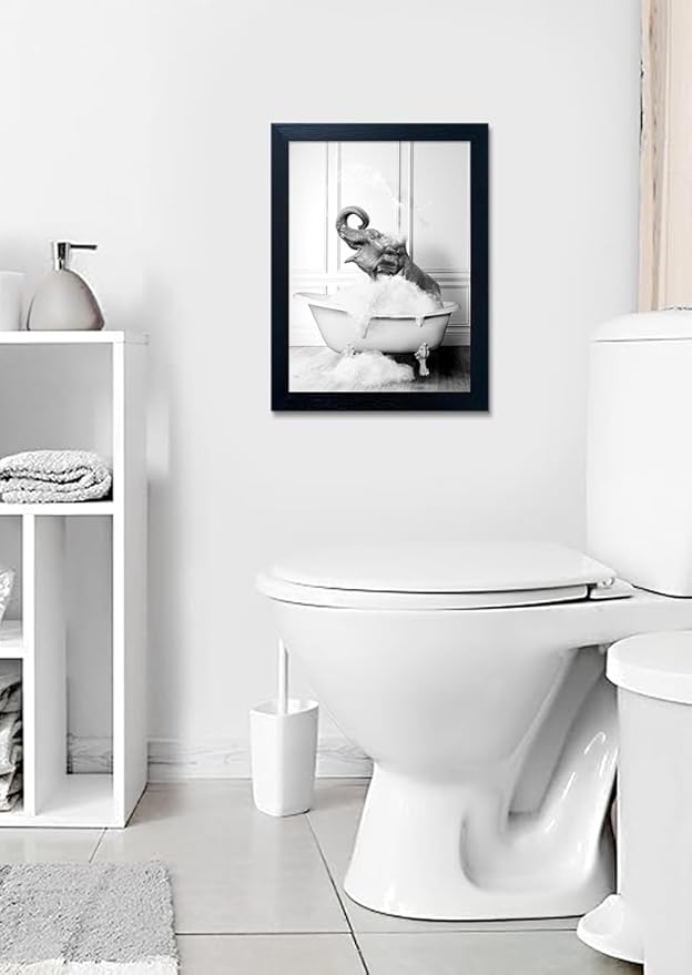 Framed Bathroom Art Wall Decor Elephant in Bathtub Decor Funny Black and White Animal Canvas Print Paintings for Bathroom