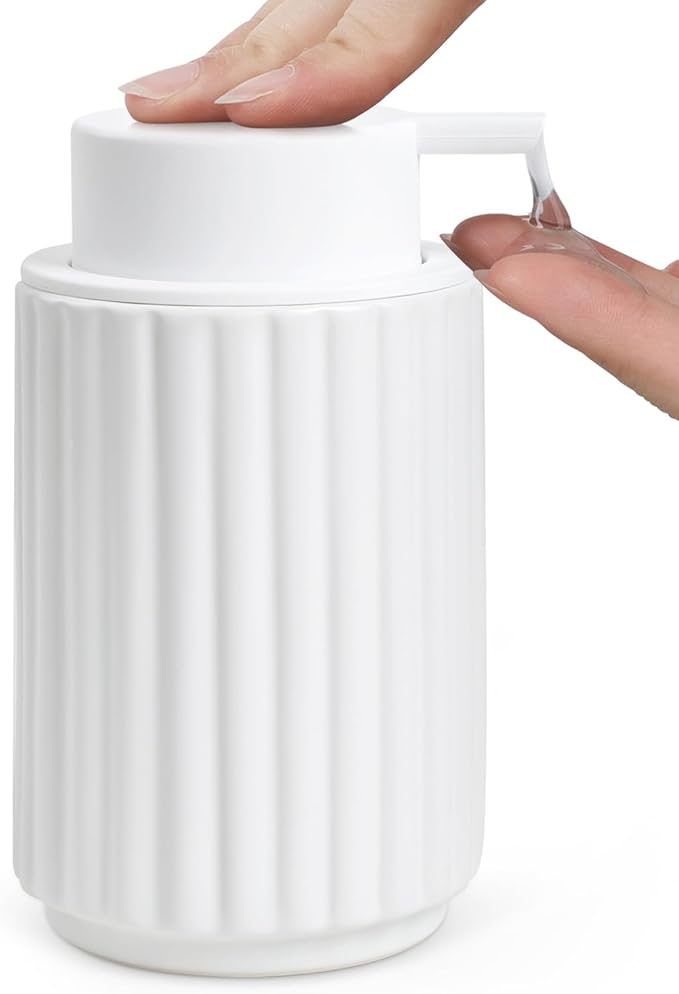 Foaming Soap Dispenser, White Ceramic Refillable Foam Hand Soap Pump for Bathroom Kitchen, 10.5OZ Lotion Dispenser, Foaming Dish Soap Dispenser, Modern Stripe Design, ANTIS'S HOME