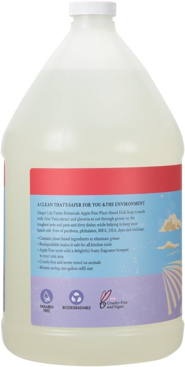 Ginger Lily Farms Botanicals Plant-Based Liquid Dish Soap, Concentrated Formula with Max Grease Cleaning Power, Cruelty-Free, Apple Pear Scent, 1 Gallon Refill (128 Fl. Oz.)