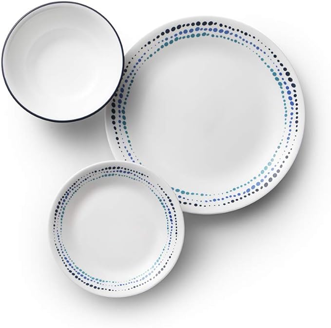 Corelle Vitrelle 18-Piece Service for 6 Dinnerware Set Triple Layer Glass and Chip Resistant, Lightweight Round Plates and Bowls Set, Ocean Blue