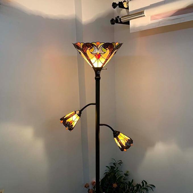 Bieye L10839 Baroque Tiffany Style Stained Glass Torchiere Floor Lamp with Sidelights for Reading, 70-inches Tall (Baroque, Brown)
