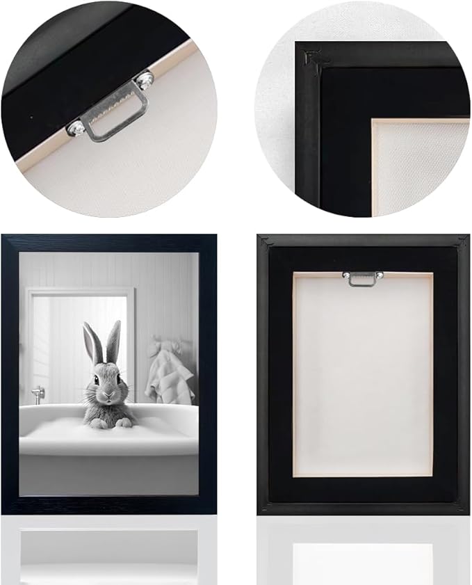 Funny Kids Bathroom Wall Decor, Black and White Cute Animal Canvas Wall Art, Black Framed Rabbit in Bathtub Farmhouse Picture Wall Decor Print Artworks for Bathroom