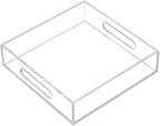 Clear Sturdy Acrylic Tray with Handles-8"x8"x2"H-Countertop Organizer Tray for Kitchen,Bathroom,Office- Storage Box for Cosmetics, Jewelry,Toiletries,Toy,Gadgets
