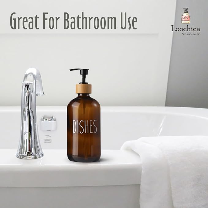 Dish Amber Glass Soap Dispenser with Plastic Pump, 16 Oz Brown Dish Soap Dispenser Set Refillable Reusable Apothecary Soap Pump Dispenser Bottles for Bathroom and Kitchen