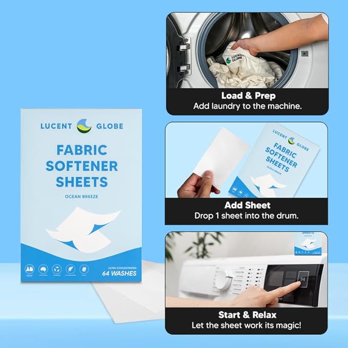 Fabric Softener Sheets for Washer - Softens & Freshens Laundry, Gentle on Fabrics & Skin - Free from Harsh Chemicals - Travel-Friendly Fabric Softener for Washing Machine (OB)