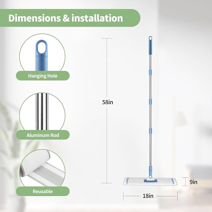CQT Commercial Flat Microfiber Floor Mop Cleaning System 18" Inch Wet Dry and Dust Hardwood with 4 Washable Pads Cleaner for Laminate Tile Stainless Steel Handle and Extension (PT13-Blue)