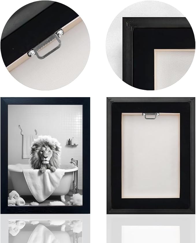 Framed Black and White Animal Bathroom Wall Art Funny Lion in tub Bathroom Pictures Wall Decor Bathtub Print Paintings