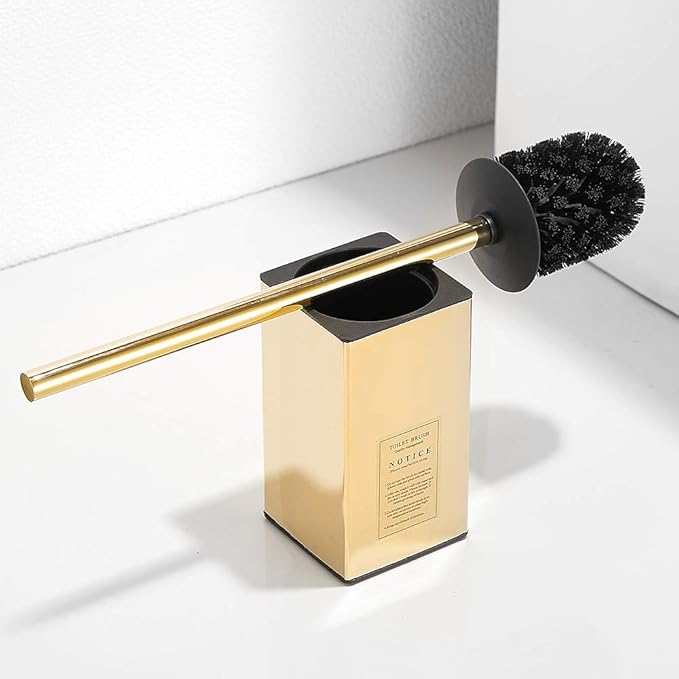 Freestanding Toilet Brush Holder for bathrooms 304 Stainless Steel Toilet Brush Stand Square Storage and Organization Rust Resistant 17-inch high Polished Gold Finished