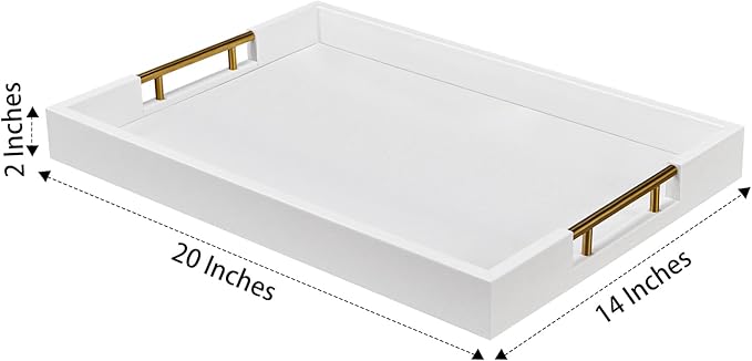 14x20 Inches White Faux Leather Wrapped Wood Serving Tray with Metal Handles for Various Occasions, Ottoman, Home Decor Decorative, Living Room, Coffee Table Organizer, Serving Breakfast On Bed