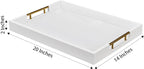 14x20 Inches White Faux Leather Wrapped Wood Serving Tray with Metal Handles for Various Occasions, Ottoman, Home Decor Decorative, Living Room, Coffee Table Organizer, Serving Breakfast On Bed