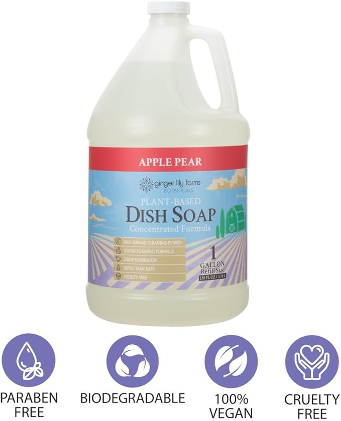 Ginger Lily Farms Botanicals Plant-Based Liquid Dish Soap, Concentrated Formula with Max Grease Cleaning Power, Cruelty-Free, Apple Pear Scent, 1 Gallon Refill (128 Fl. Oz.)