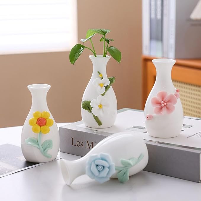 Handmade Ceramic Small vase Creative mini vase Home Decoration Ornament with 3D Floral Design (3D Flowers-4PCS)