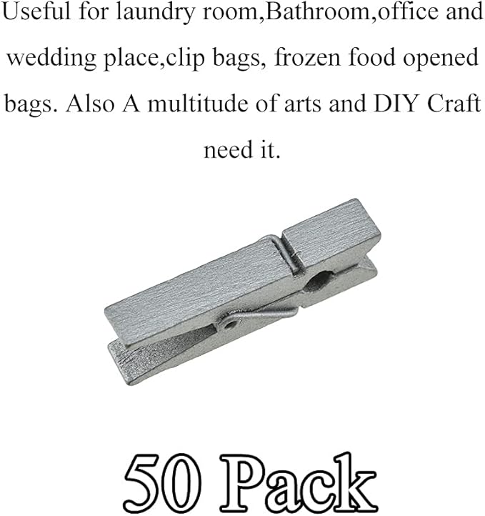 HAHIYO Silver Wooden Clothes Pins Clothespins Small Do NOT Fall Apart 1.38 inches Length 50 Pack Sturdy Strong Springs No Rust No Discoloration for Laundry Bathroom DIY Craft Photos Food Opened Bags