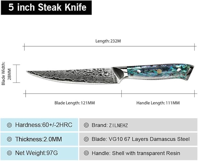 Steak Knives Set of 12 Damascus Steak Knife Set 5-Inch, Forged German Steel Full Tang Handle Straight Edge Dinner Knives, Razor-Sharp, Steel Blade AUS-10V with Abalone Shell Resin Handle