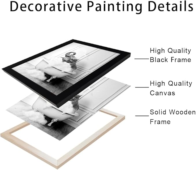 Framed Bathroom Decor Wall Art Elephant in Bathtub Pictures Wall Decor Funny Black and White Animal Canvas Print Artworks for Bathroom