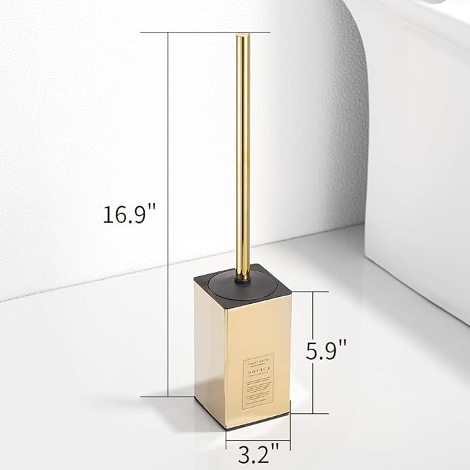 Freestanding Toilet Brush Holder for bathrooms 304 Stainless Steel Toilet Brush Stand Square Storage and Organization Rust Resistant 17-inch high Polished Gold Finished