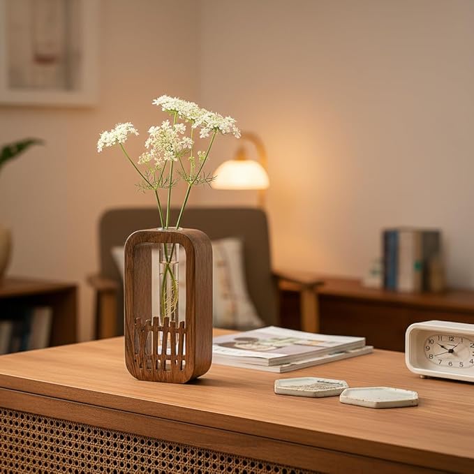 Plant Terrarium with Wooden Stand & Glass Test Tube - for Hydroponic Plants, Home Garden Office Decor, Unique Birthday, Housewarming for Plant Lovers