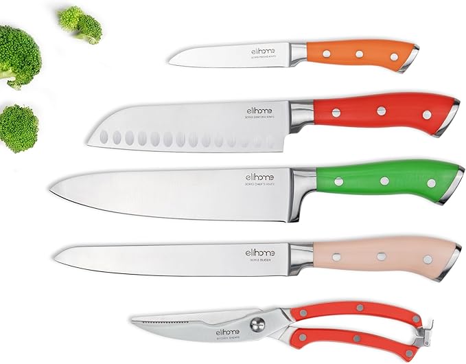Elihome 5 Piece Professional Kitchen Knife Set, Premium Stainless Steel Ultra Sharp Knives Set for Kitchen, Ergonomic Colorful Handle, Home Cooking, Perfect Cutlery Set Gift, without Block