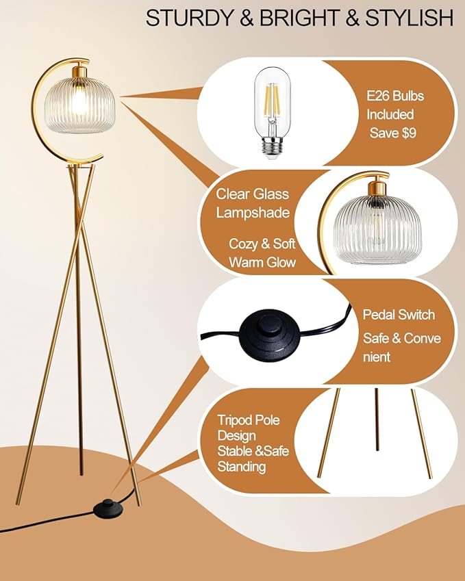 Lightdot Tripod Floor Lamp for Living Room, Gold Standing Lamp with Clear Glass Lampshade, Farmhouse Tall Lamp for Bedroom, Arced Reading Light for Home Office