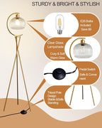 Lightdot Tripod Floor Lamp for Living Room, Gold Standing Lamp with Clear Glass Lampshade, Farmhouse Tall Lamp for Bedroom, Arced Reading Light for Home Office