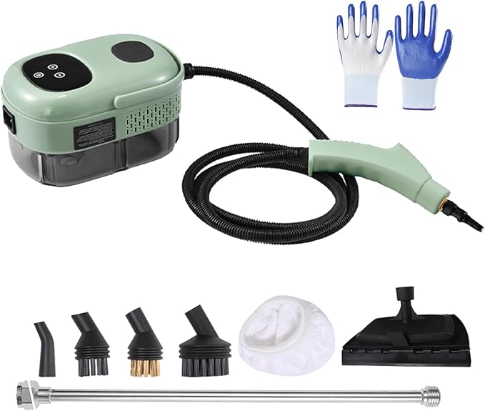 Touchscreen Steam Cleaner 1100ML 2500W High Temperature Pressure Handheld Steam Cleaning Machine with Brush Heads and Gloves 7 in 1 for Car Floor Kitchen Bathroom Window Furniture (Green)