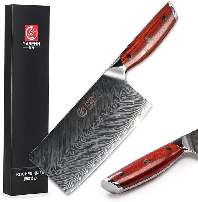 YARENH Chinese Cleaver Knife 7 Inch - Damascus Chef Knife for Kitchen, 67 Layers High Carbon Stainless Steel, African Sandalwood Handle, Sharp, Durable, Rust Resistant, Gift Box