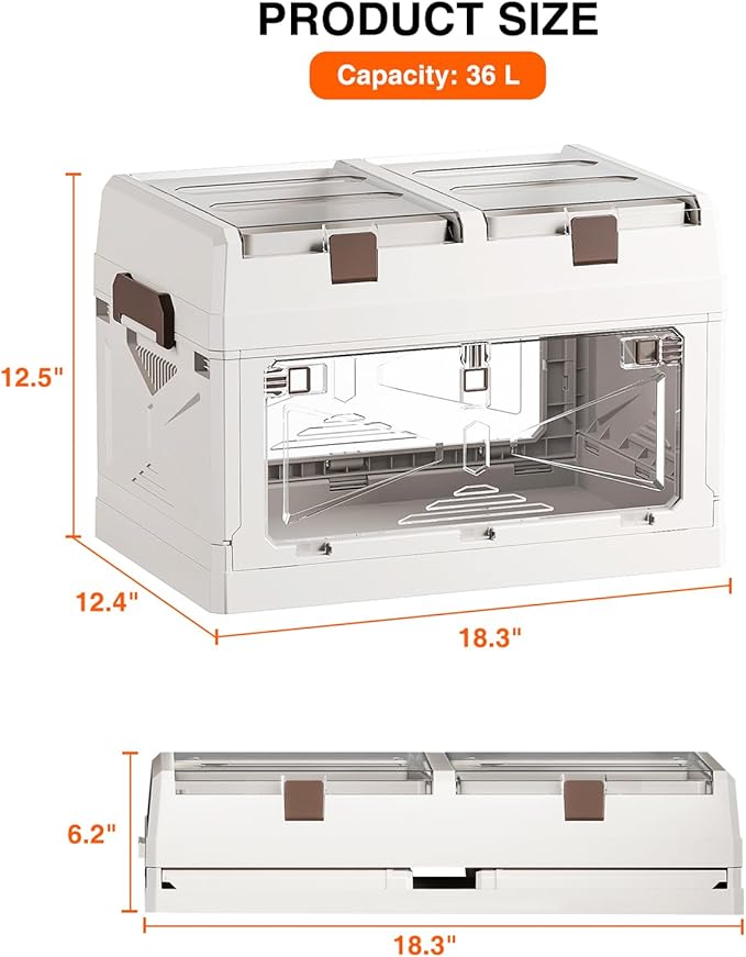 Closet Organizer and Storage Box, Large Essential Collapsible Plastic Car Trunk Container with Clear Lids and Doors, Open Front Multifunctional Stackable Bin for Bedroom, Dorm Room, Craft 36 L