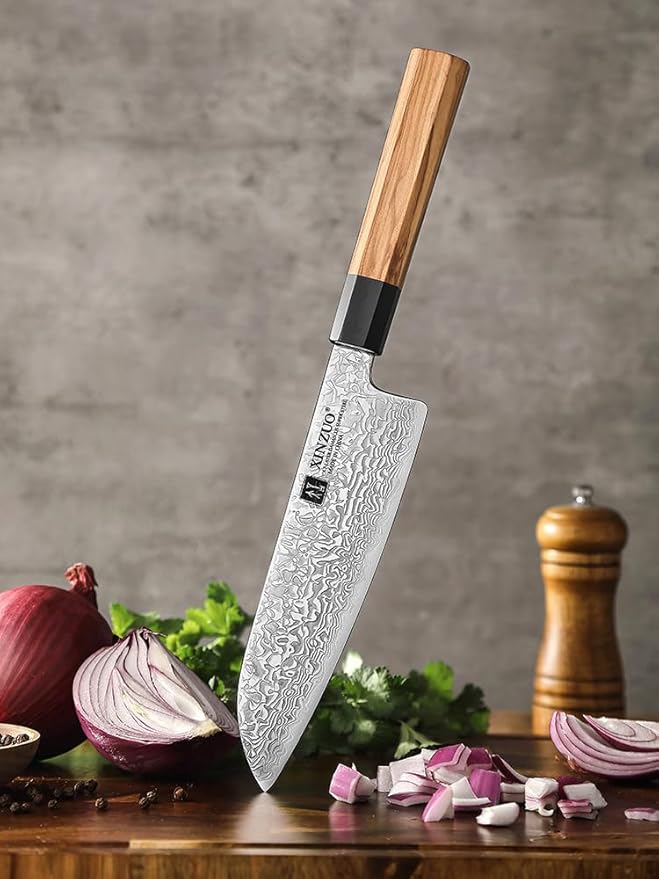 XINZUO 7.3 Inch Santoku Knife, Hand Forged 67 Layers Damascus Super Steel Chef Knife, Japanese Chopping Knife Ultra Sharp, Professional Kitchen Knife with Olive Wood Octagonal Handle