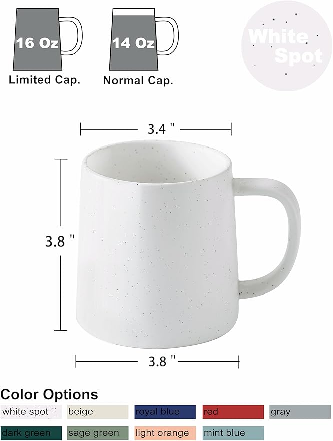 T-WARE 16 Oz Coffee Mugs, Matte White Speckled Mug Set of 4, Ceramic Mugs Coffee, Solid Color Coffee Cups Ceramic
