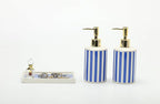 Coastal Blue & White Ceramic Soap Dispenser Set with Gold Pump – 3-Piece Bathroom & Kitchen Accessories with Tray, Refillable Lotion & Dish Soap Pump Bottles for Beach House & Nautical Décor