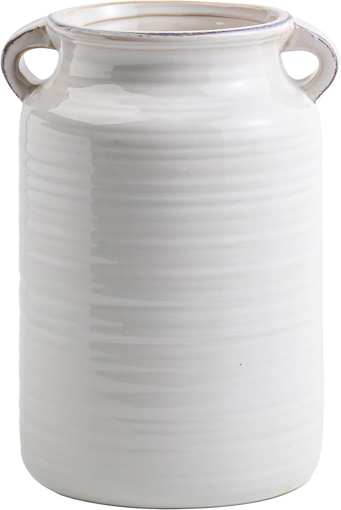 Ceramic Rustic Distressed White Flower Vase for Centerpieces, Kitchen, Office or Living Room (5.9''x8.6”)