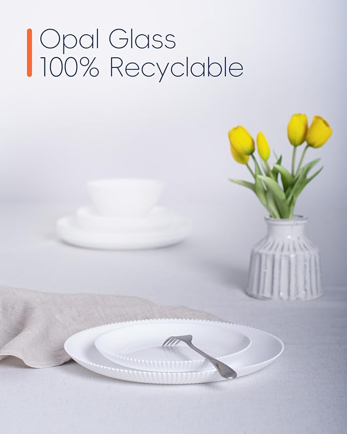 7.5 inch Ribbed Salad Appetizer Plate Set of 6, Opal Glass Round Small White Plates for Dessert, Kitchen, Dishwasher and Microwave Safe