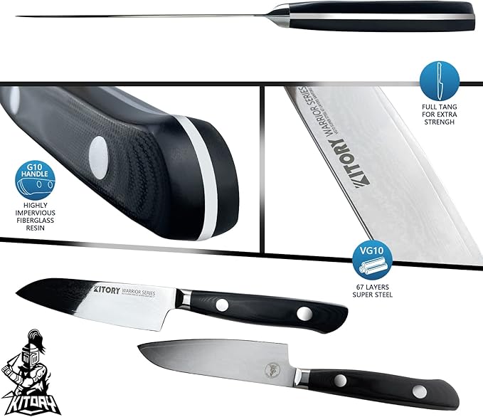 Kitory Damascus Santoku Knife 7", for bigger or larger hands, Kitchen Knife with VG10 67 Layers Super Steel- Black G10 Handle-Gift Box Included, 2024 Gifts For Women and Men