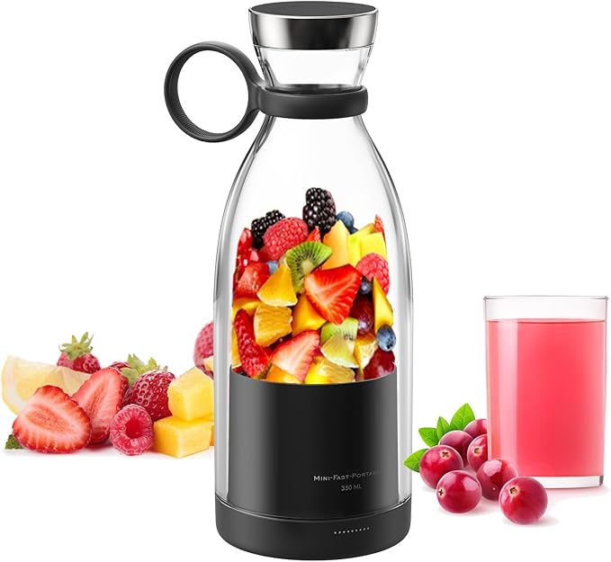 Asa Vea Mini Blender for Smoothies and Milkshakes, Portable Blender, Rechargeable, Personal Size Blender with Quota Outer Travel Lid with 4 Blades, 11 oz for Outdoors, Camping (Black)
