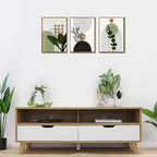 Bwodke Boho Wall Art, Framed Abstract Wall Art, Plant Canvas Wall Decor, Mid Century Line Leaf Geometric Pictures Set of 3, Minimalist Paintings, for Bedroom Living Room Bathroom 16"x24"
