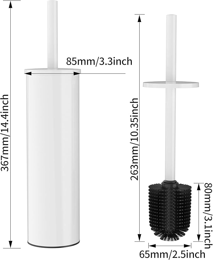 Toilet Brush and Holder Set, 2 Pack Stainless Steel Toilet Bowl Brush with Lid, Rust Proof Toilet Cleaner Brush with Caddy, Durable Bristles, Splash Proof, Ideal for Bathroom（White）