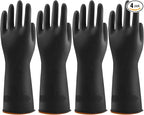 4 Pairs Black Rubber Dishwashing Gloves - Reusable Cleaning Gloves for Kitchen, Household, Anti-Slip, Flexible & Long-Lasting (X-Large, Black)