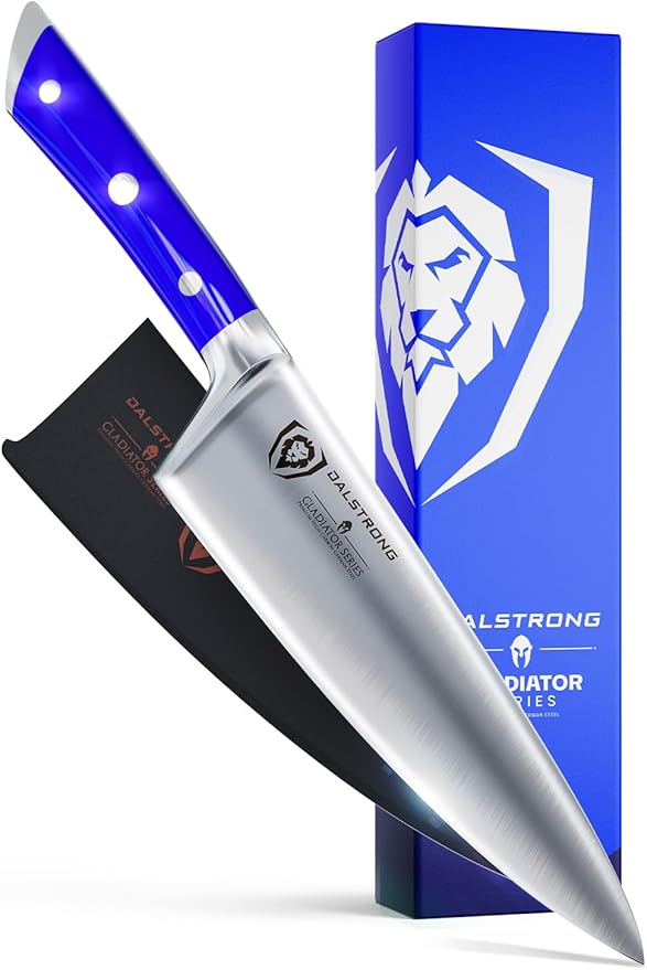DALSTRONG Chef Knife - 8 inch Blade - Gladiator Series - Forged High Carbon German Steel - Razor Sharp Kitchen Knife - Professional Full Tang Knives - Blue Handle ABS - Sheath - NSF Certified