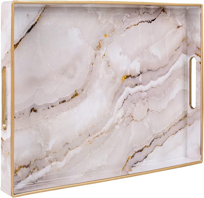 MAONAME Plastic Decorative Tray, Marbling Tray with Handles, Rectangular Coffee Table Trays, Serving Trays for Ottoman, Bathroom, Kitchen, 15.7” x 11.8”, White