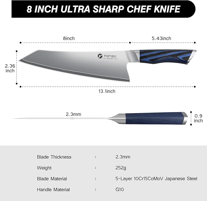 FINTISO 8 Inch Chef Knife, High-End Kitchen Knife with G10 Handle, Ultra Sharp 5 Layer 10Cr15CoMoV Japanese Stainless Steel Professional Cooking Knife, Cutting Knife for Home and Kitchen