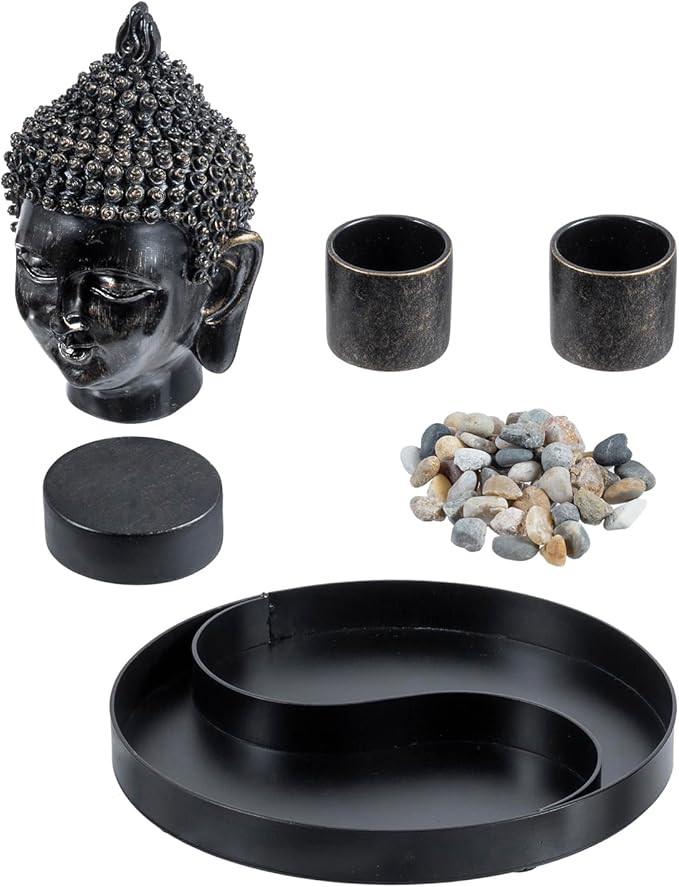 MyGift Black Resin Buddha Head Sculpture Zen Garden Miniature Landscape Set for Desk Decor, Includes 2 Tea Light Candle Holders, Decorative Pebble Rocks and Metal Yin Yang Shaped Design Display Tray