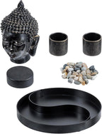MyGift Black Resin Buddha Head Sculpture Zen Garden Miniature Landscape Set for Desk Decor, Includes 2 Tea Light Candle Holders, Decorative Pebble Rocks and Metal Yin Yang Shaped Design Display Tray