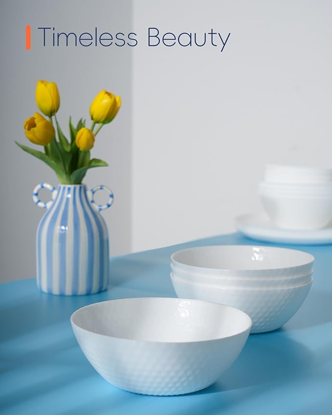 27 OZ Max Cereal Soup Bowl Set of 6, Thin Light & Durable Opal Glass 7.2 inch White Geometric Faceted Bowls for Ramen, Noodle, Salad, Fruit, Dishwasher and Microwave Safe