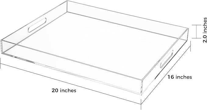 Clear Rectangular 16x20 Inches Acrylic Ottoman Tray Decorative Serving Tray with Cutout Handles Organizer Tray on Coffee Table Countertop Big Breakfast Bed Tray Living Room Appetizer Serving Food