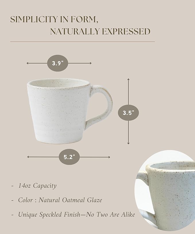 Stoneware Mug Set of 4-14oz Ceramic Coffee Mugs & Tea Cups with Handle - Perfect for Hot & Iced Drinks - Microwave & Dishwasher Safe - Rustic Minimalist Style - Oatmeal Cream - Ideal Gift
