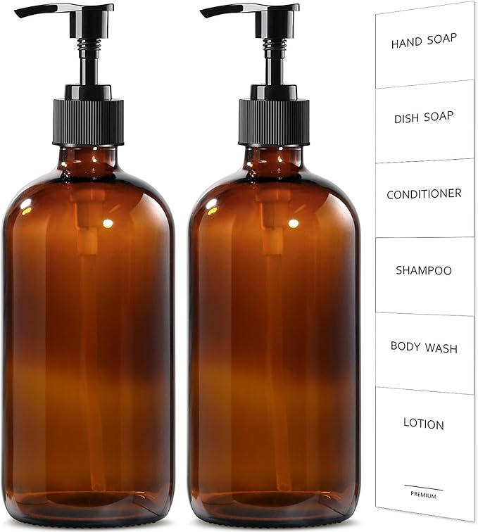 GMISUN Amber Glass Soap Dispenser, 2 Pack Bathroom Hand Soap Dispensers with Stainless Steel Pump, 17 Fl Oz Kitchen Hand and Dish Soap Dispenser Set, Modern Vintage Liquid Brown Soap Dispensers Bottle